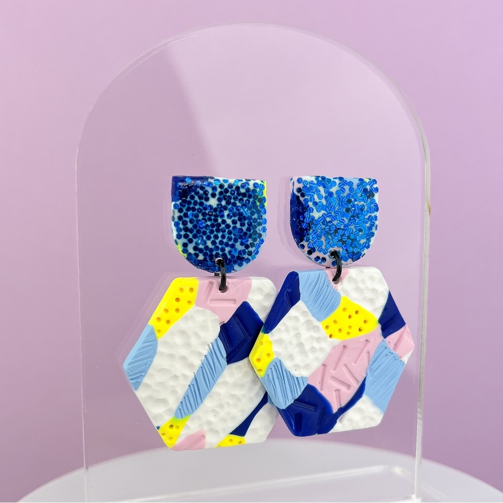 Abstract Textured Design Glitter Hexagon Dangle Handmade Clay Earrings - Picture 1 of 11